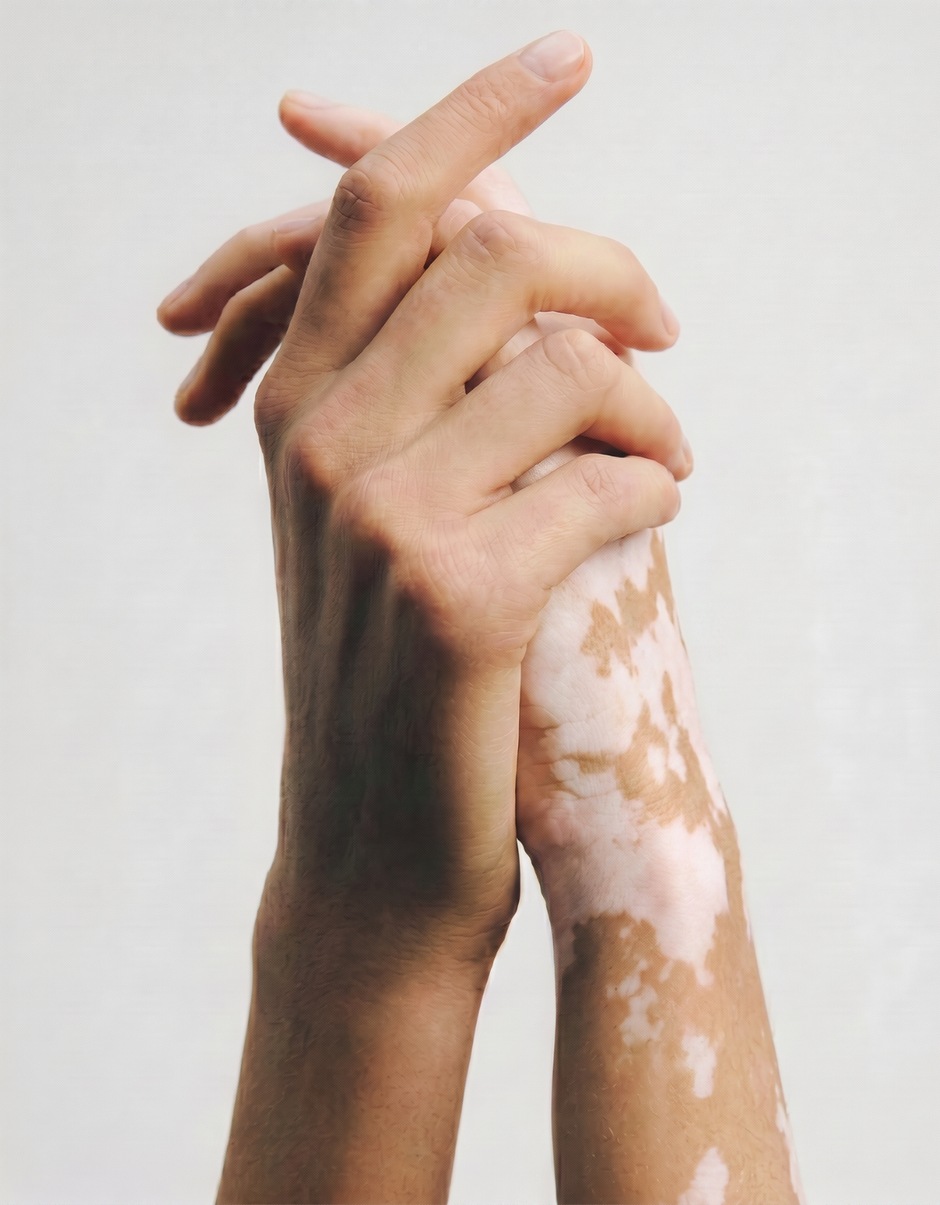 Deux mains entrelacées, l'une présentant du vitiligo, dans un geste de connexion silencieuse.